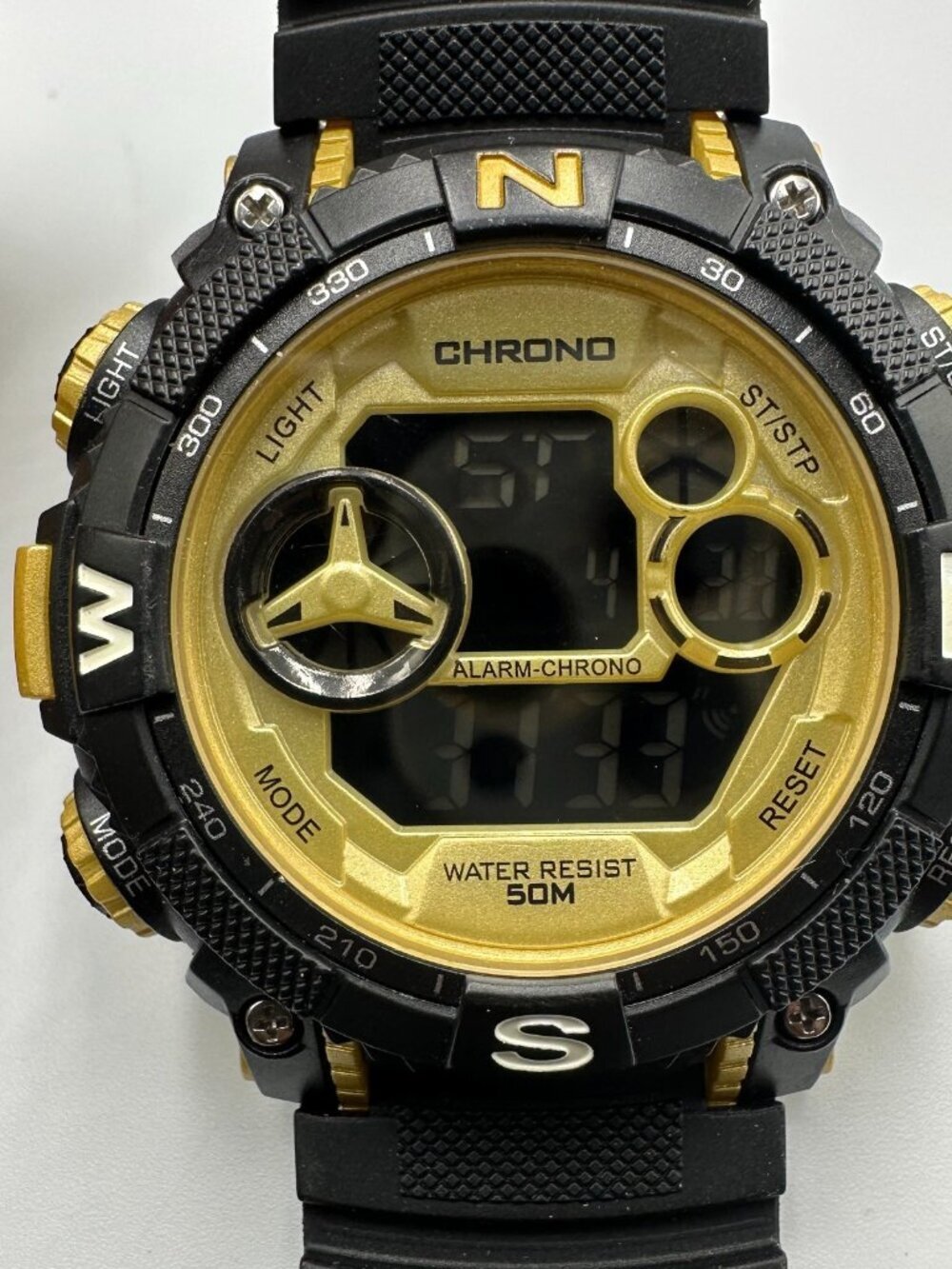 George Digital Watch Men Black Gold 53MM Round Dial Chrono New Battery